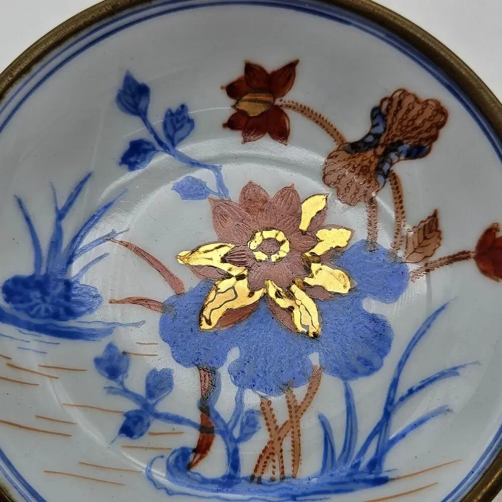 Vintage Japanese Porcelain Collector Plate Brass Trim Floral T.F.F. Hong Kong